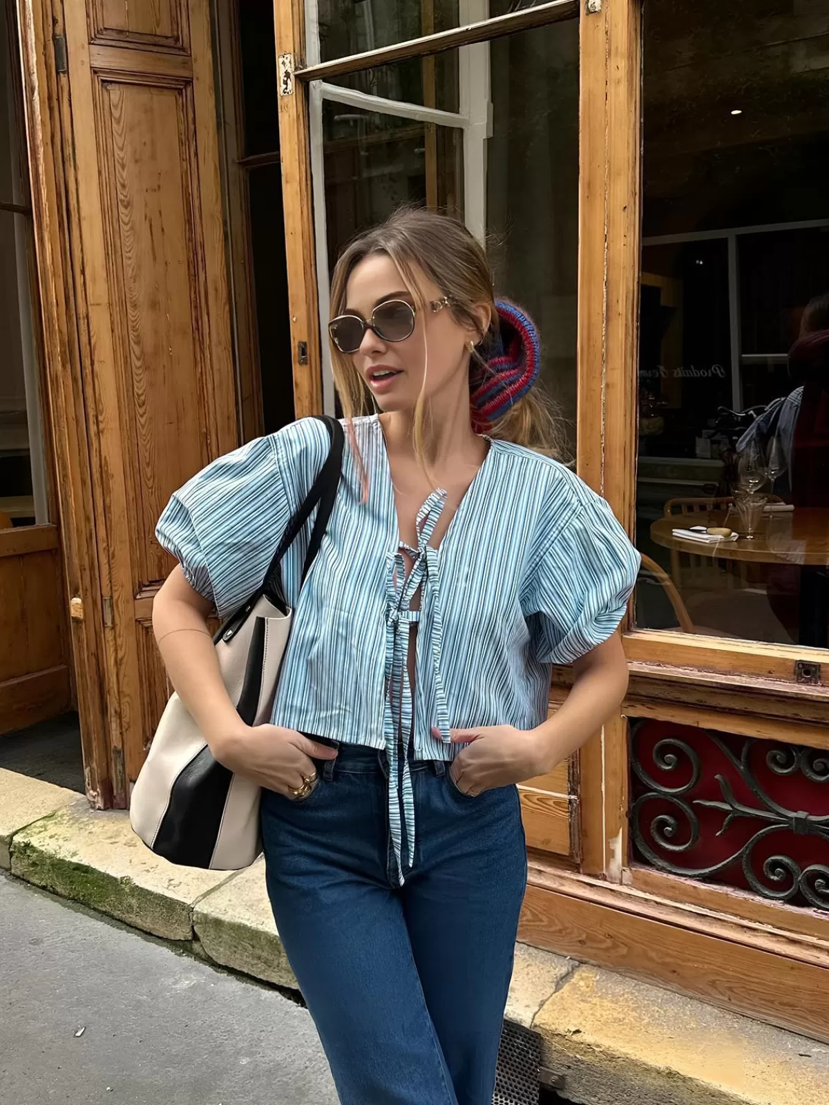 COMMENSE Stripe Tie Neck Blouse Bluewhite Best