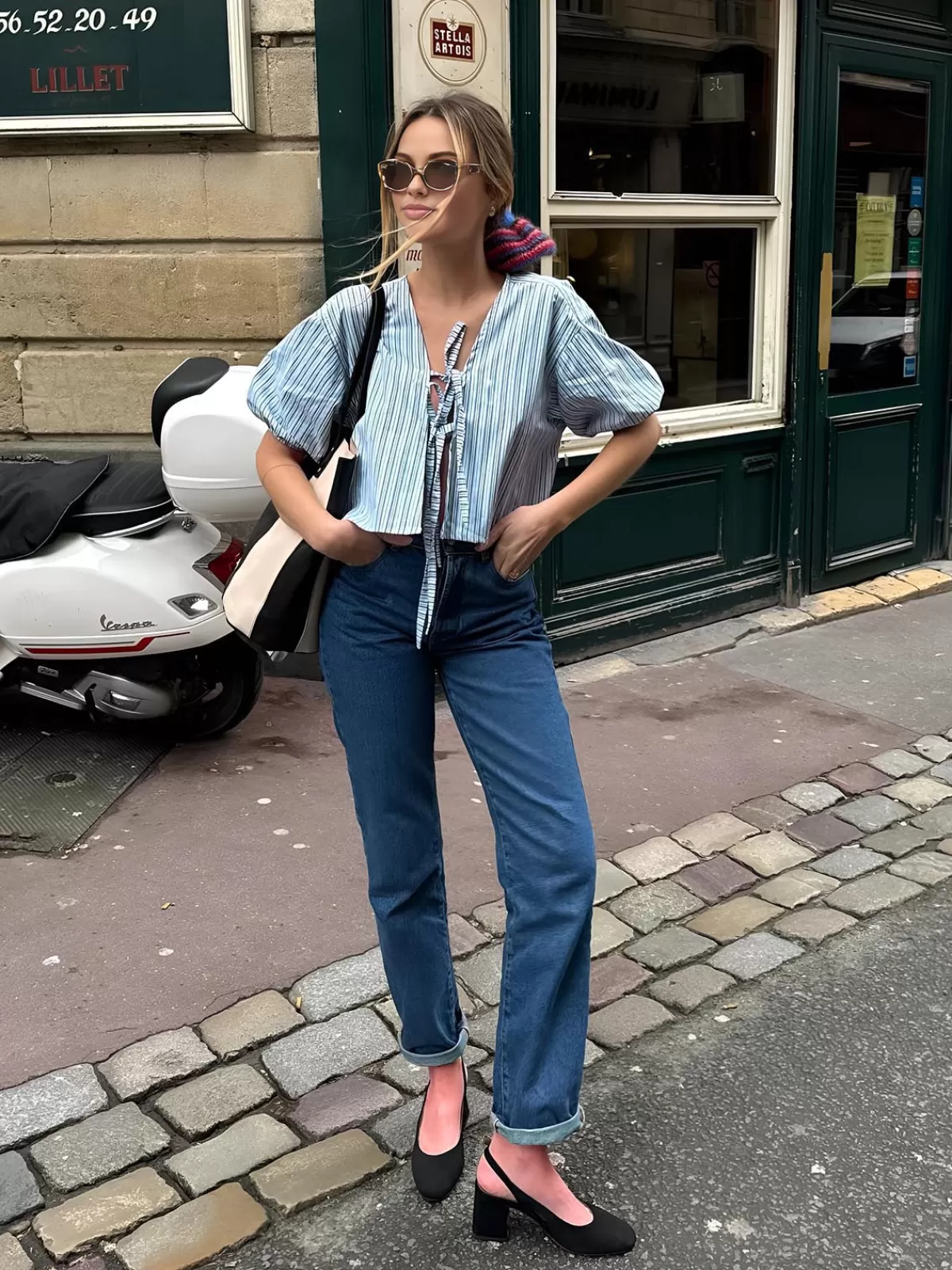 COMMENSE Stripe Tie Neck Blouse Bluewhite Best