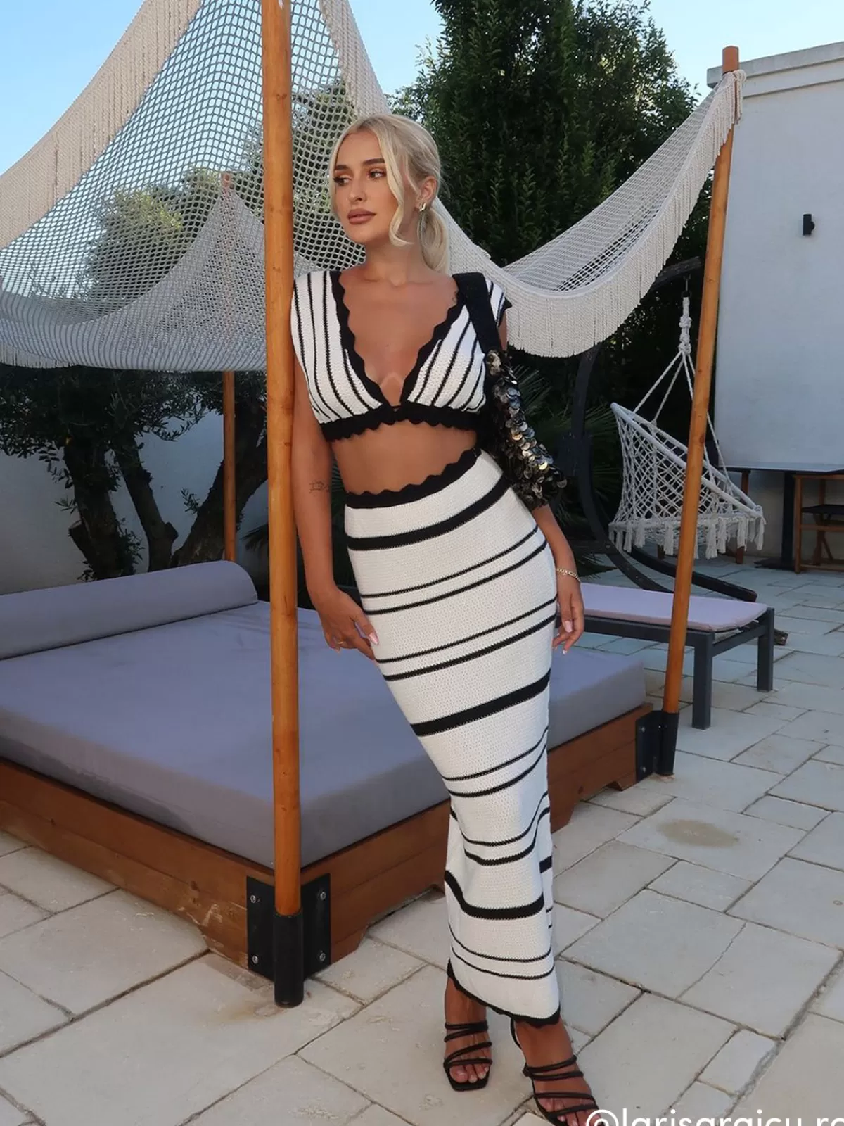 COMMENSE Striped Knotted Backless Skirt Set BlackandWhite Shop