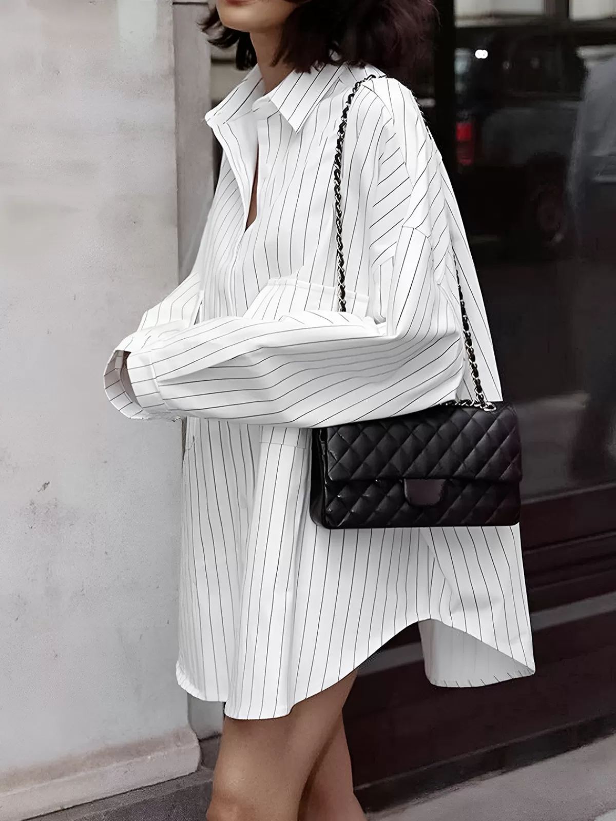 COMMENSE Striped Large Pockets Long Sleeve Shirt White Hot