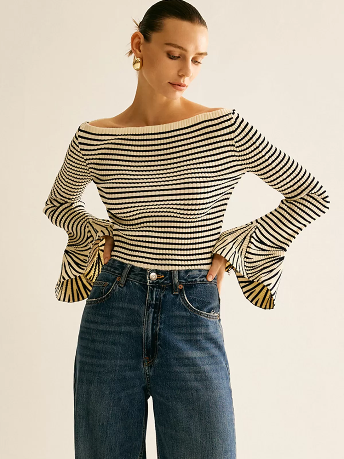 COMMENSE Striped Ruffle-Sleeve Knit Top White Best