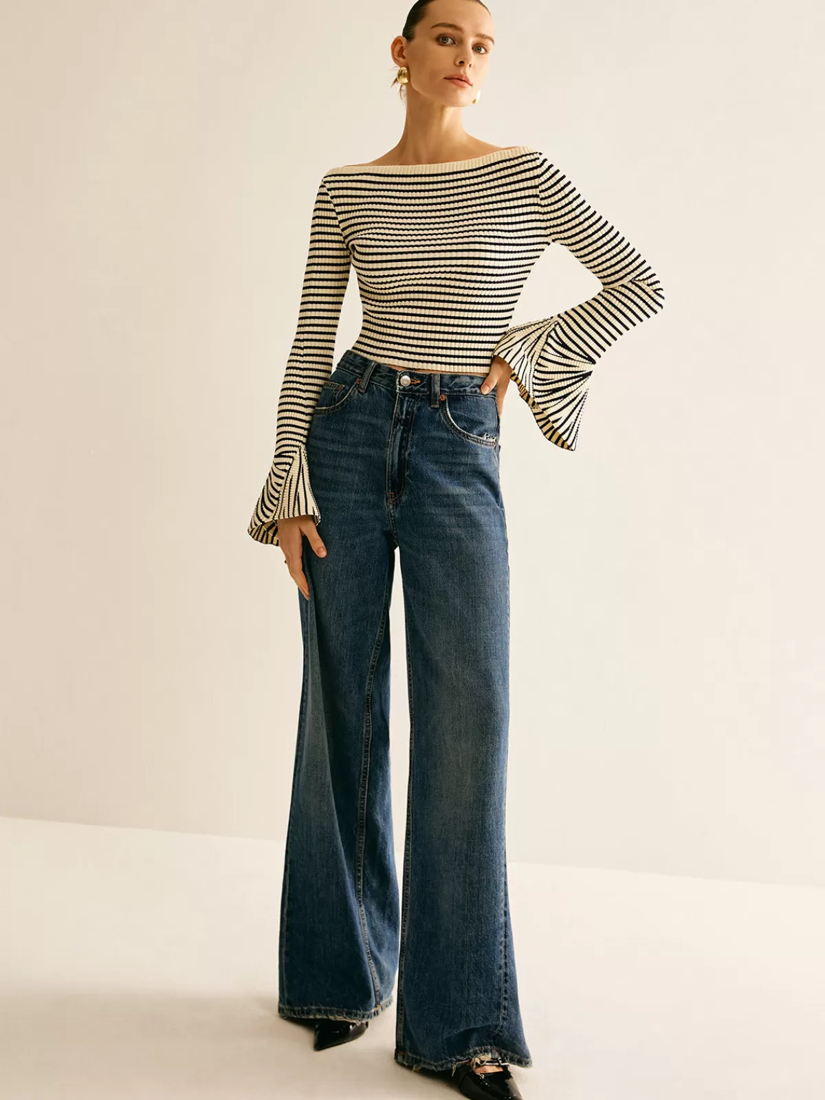 COMMENSE Striped Ruffle-Sleeve Knit Top White Best