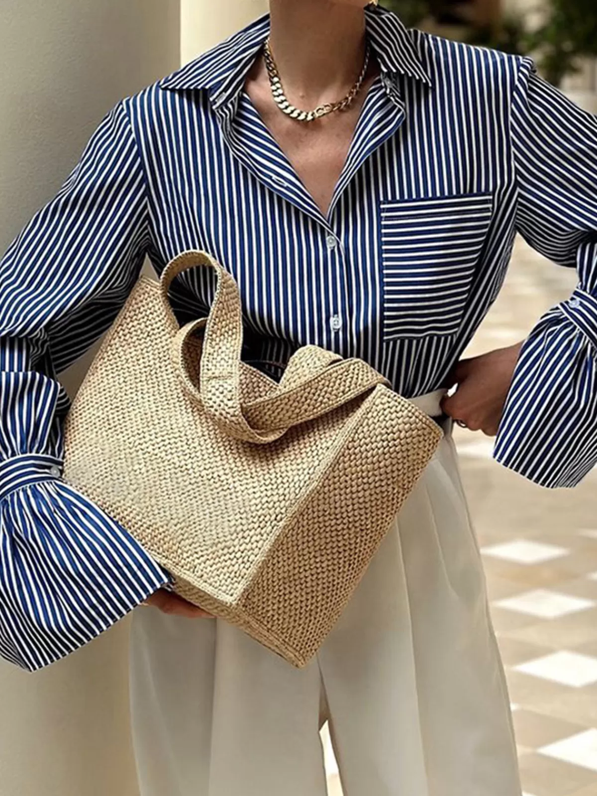 COMMENSE Striped Ruffle-Sleeve Polo Shirt Blue Discount