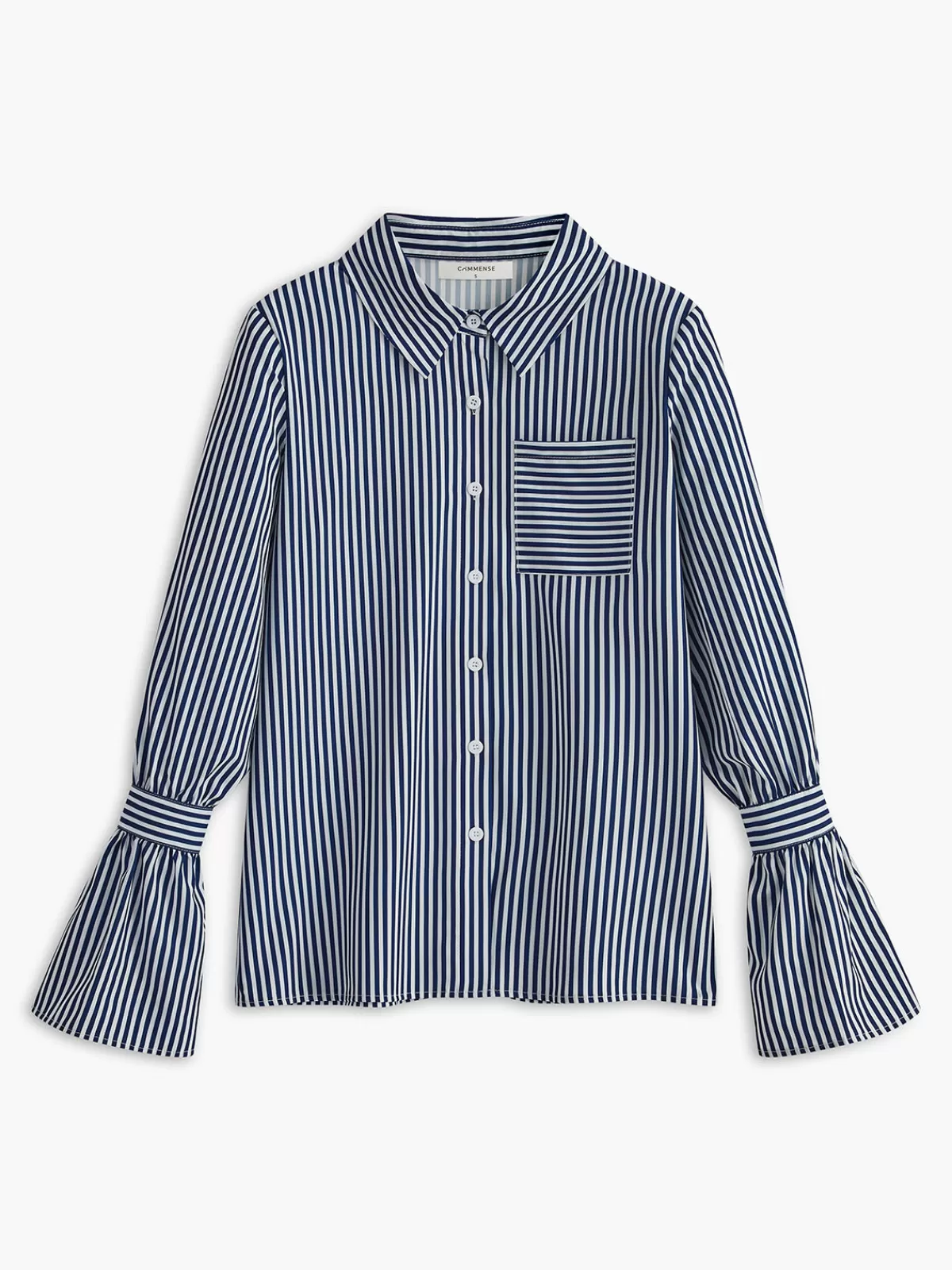 COMMENSE Striped Ruffle-Sleeve Polo Shirt Blue Discount