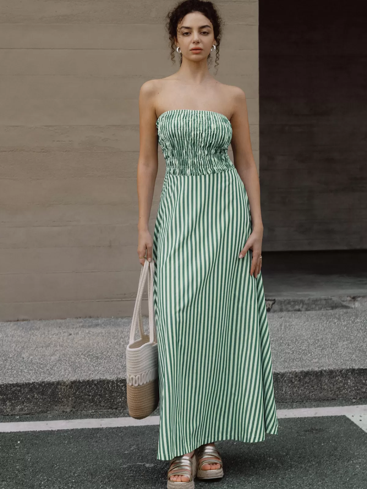 COMMENSE Striped Tube Long Dress Green Cheap