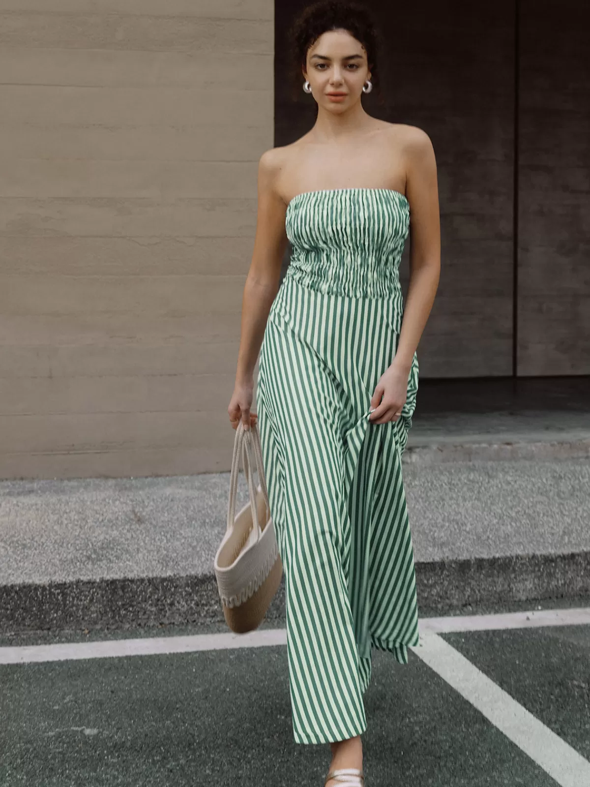 COMMENSE Striped Tube Long Dress Green Cheap