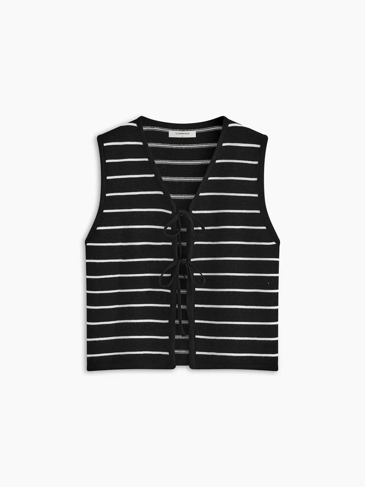 COMMENSE Striped V-Neck Tie Front Sweater Vest BlackandWhite Discount