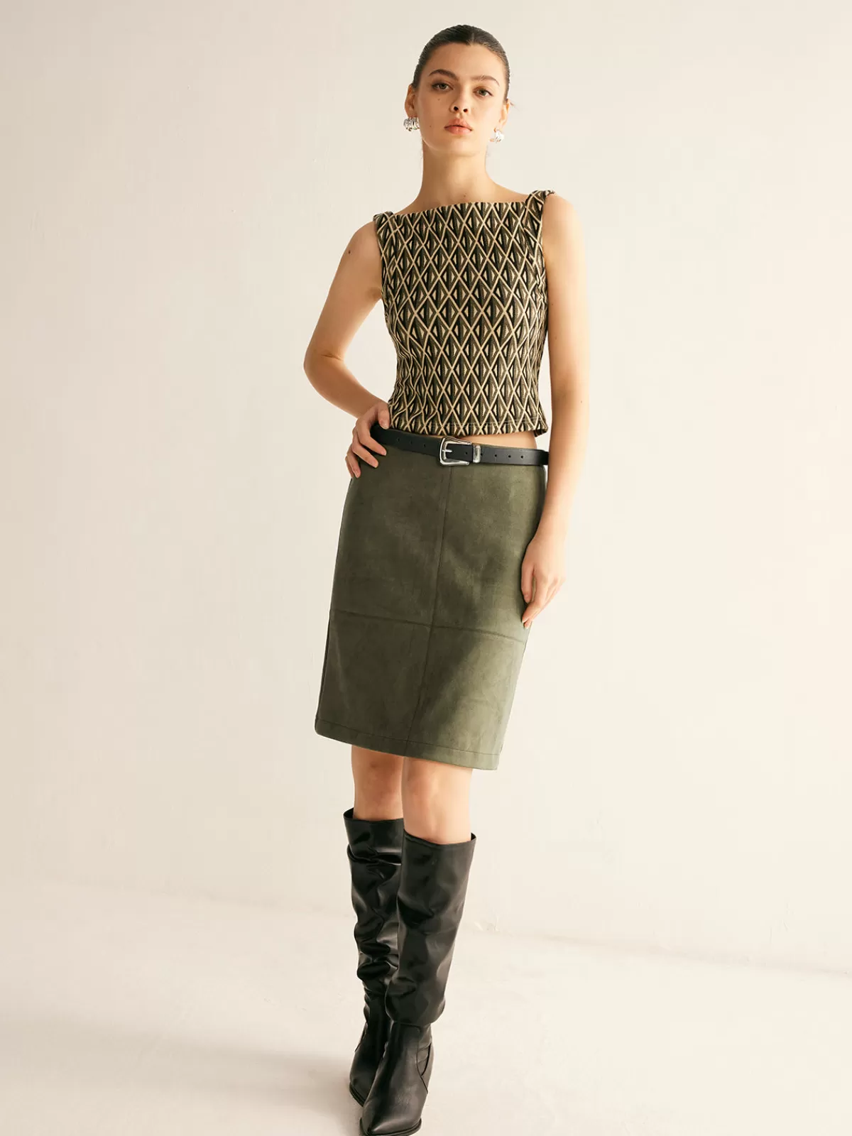 COMMENSE Suede A-Line Skirt Without Belt Green Best Sale