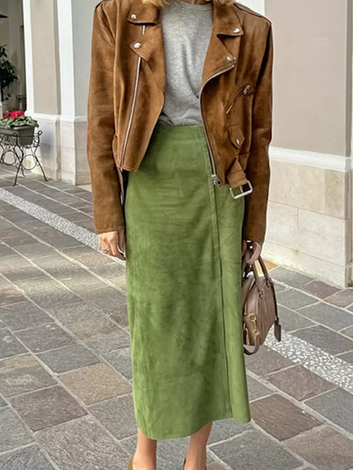 COMMENSE Suede Slit Zipper Skirt Green Cheap