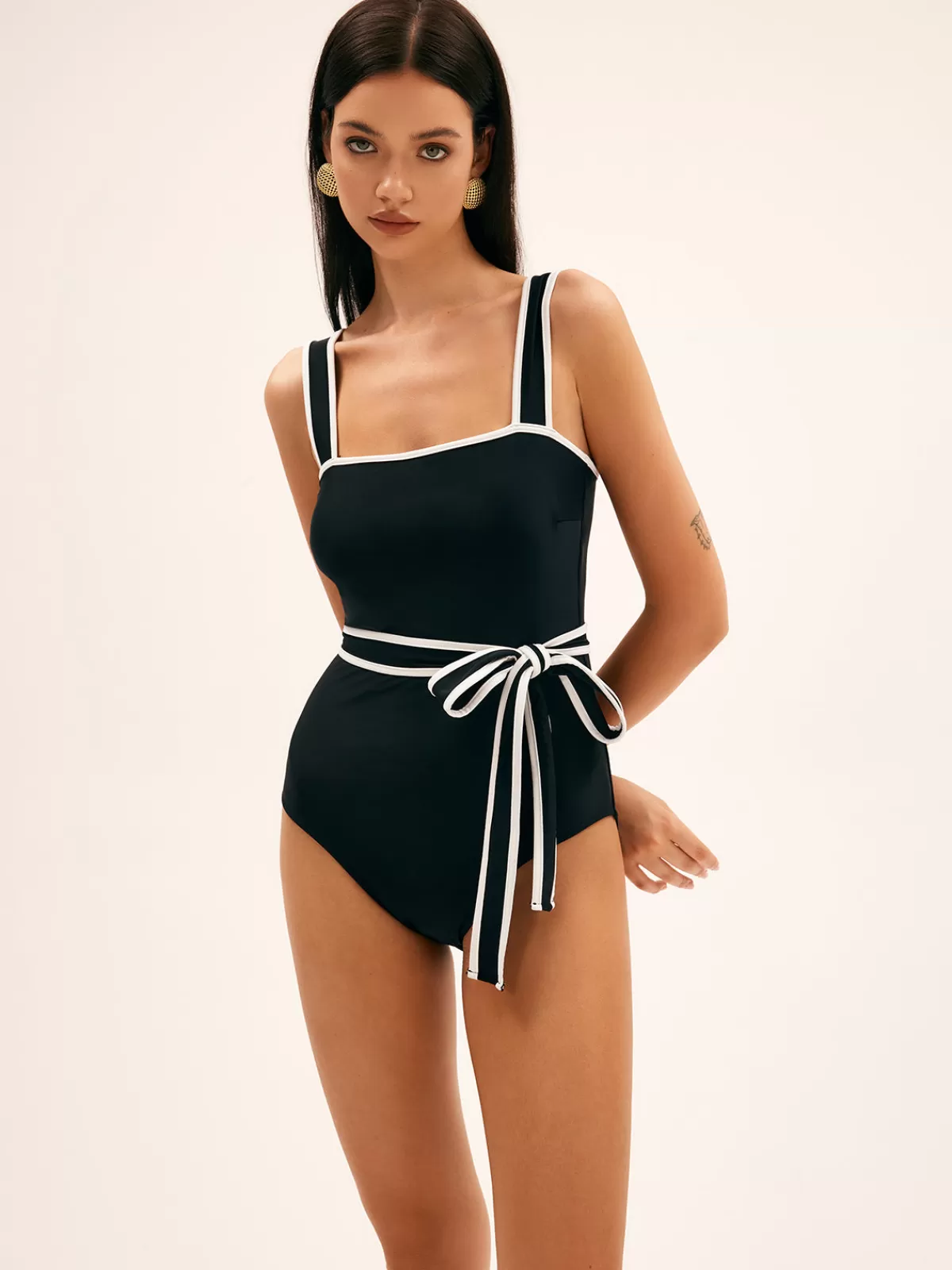COMMENSE Sunbeam Contrast Belted One Piece Swimsuit Black Best