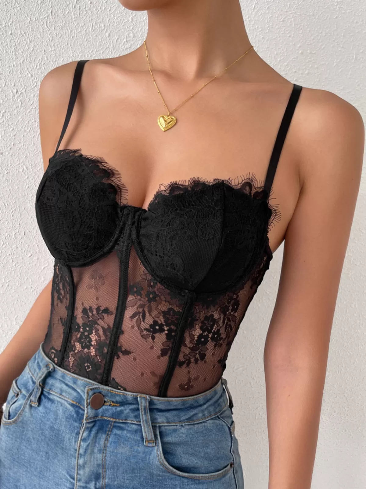 COMMENSE Sweetheart Lace Cami Top Black Best Sale