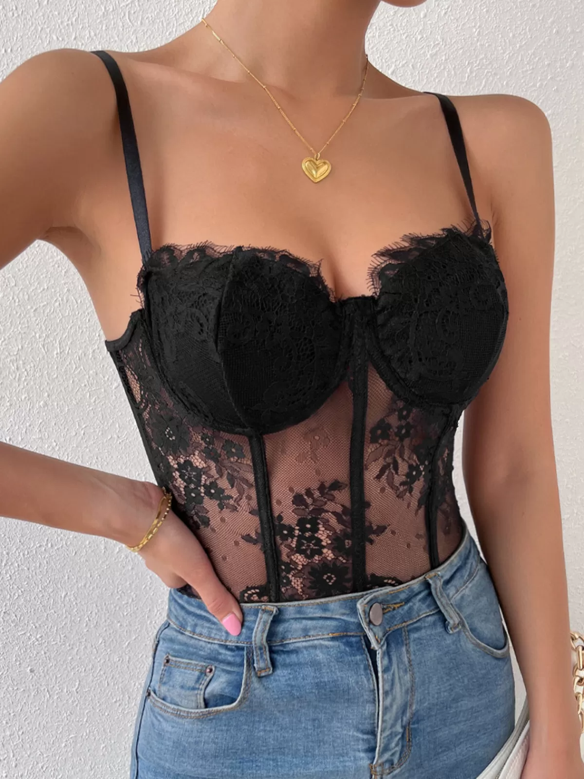 COMMENSE Sweetheart Lace Cami Top Black Best Sale