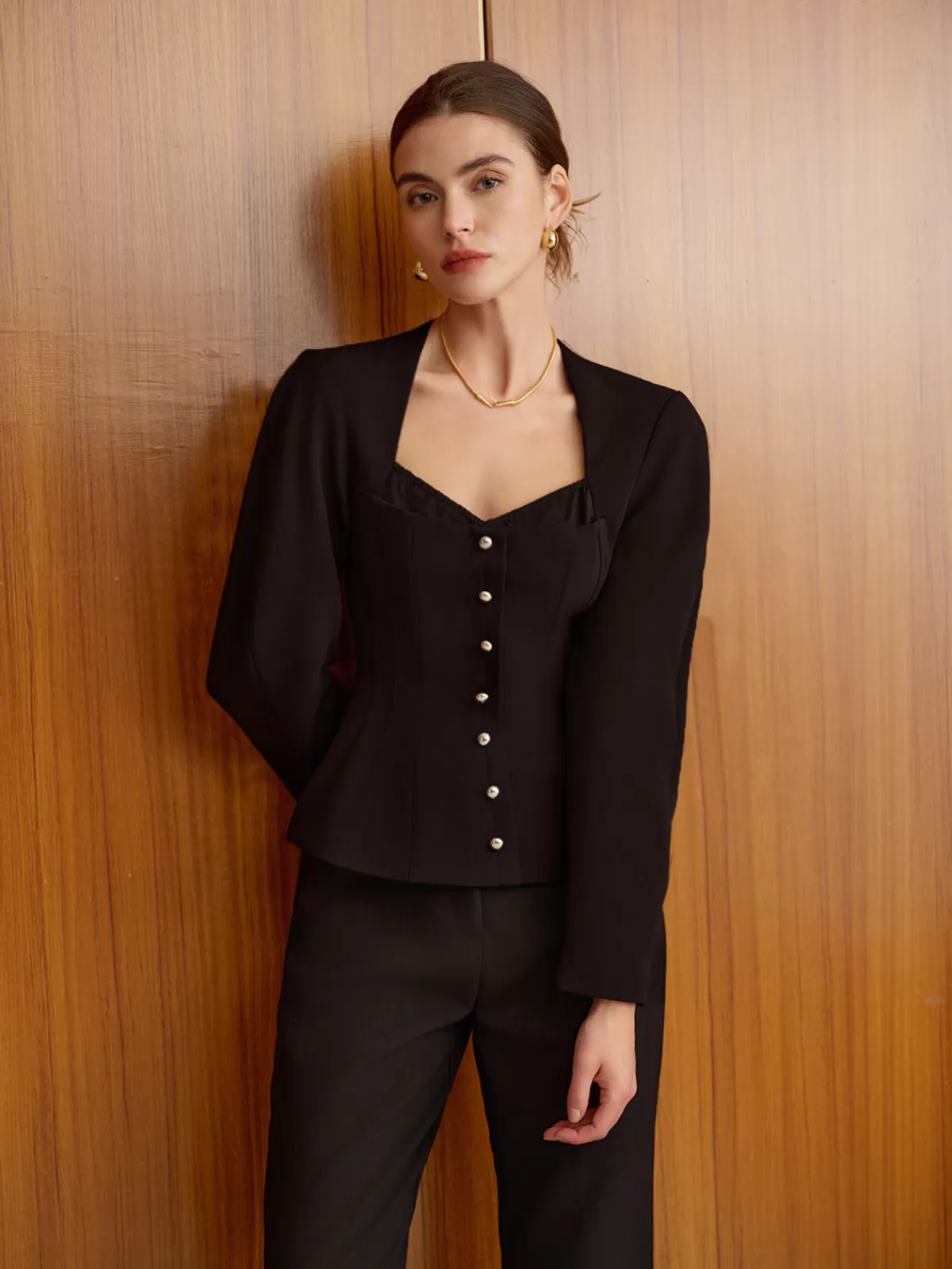 COMMENSE Sweetheart Neckline Slim Blouse Black Flash Sale