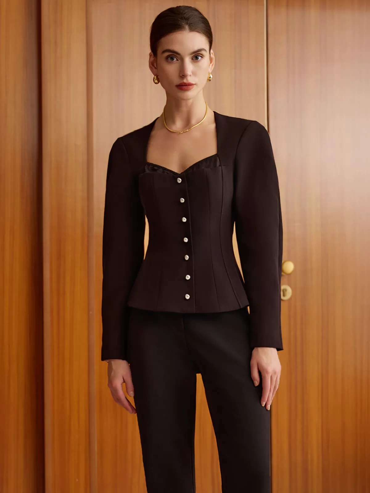 COMMENSE Sweetheart Neckline Slim Blouse Black Flash Sale