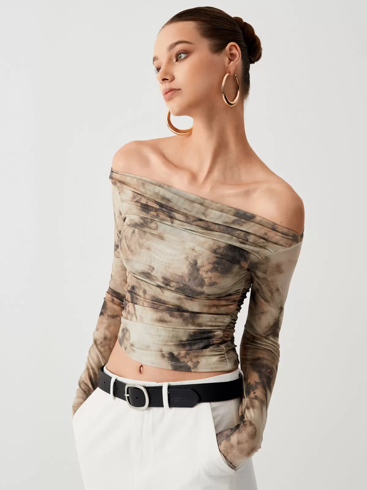 COMMENSE Terracotta Tulle Mesh Off Shoulder Long Sleeve Crop Top Khaki Online