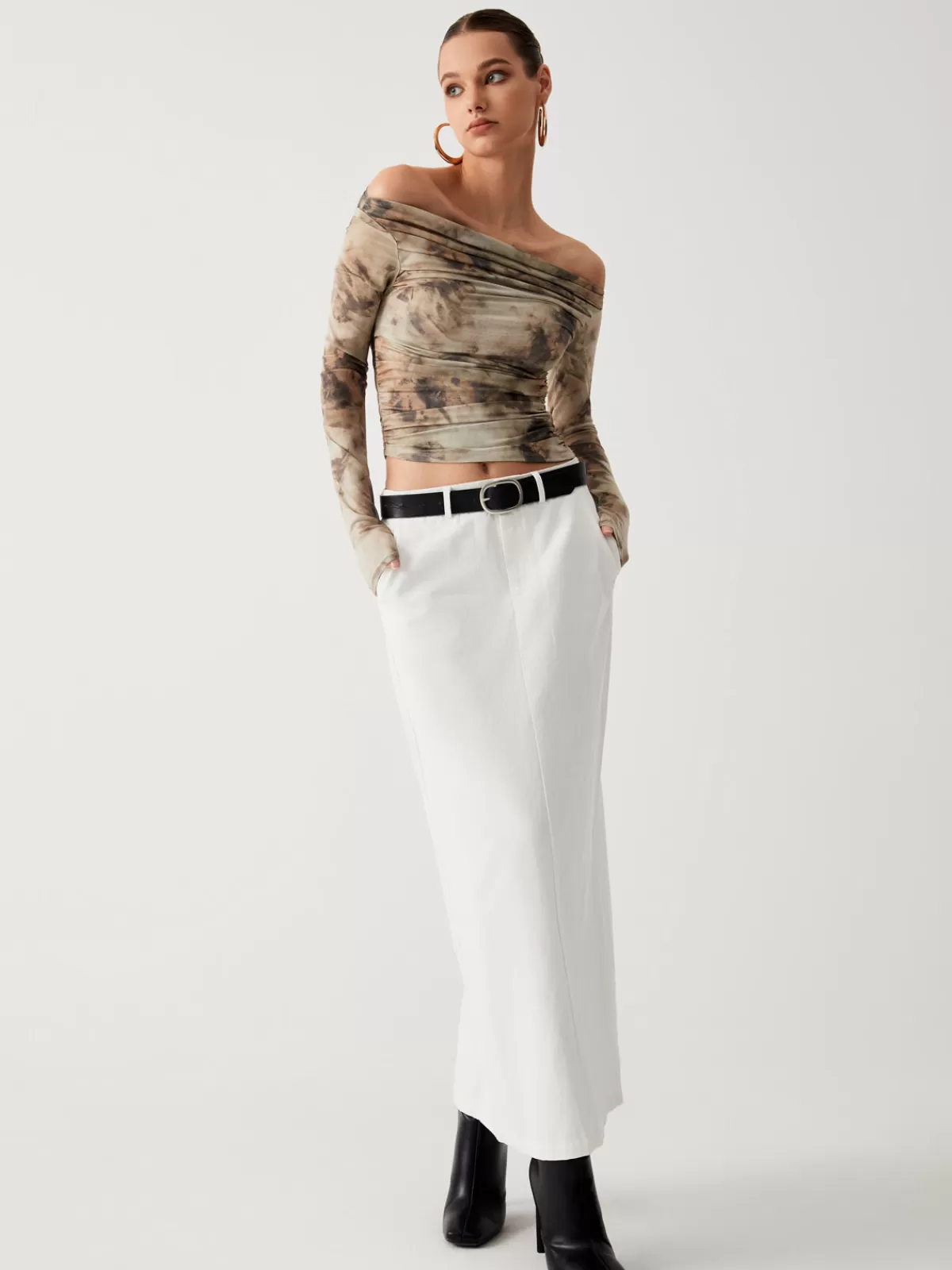 COMMENSE Terracotta Tulle Mesh Off Shoulder Long Sleeve Crop Top Khaki Online