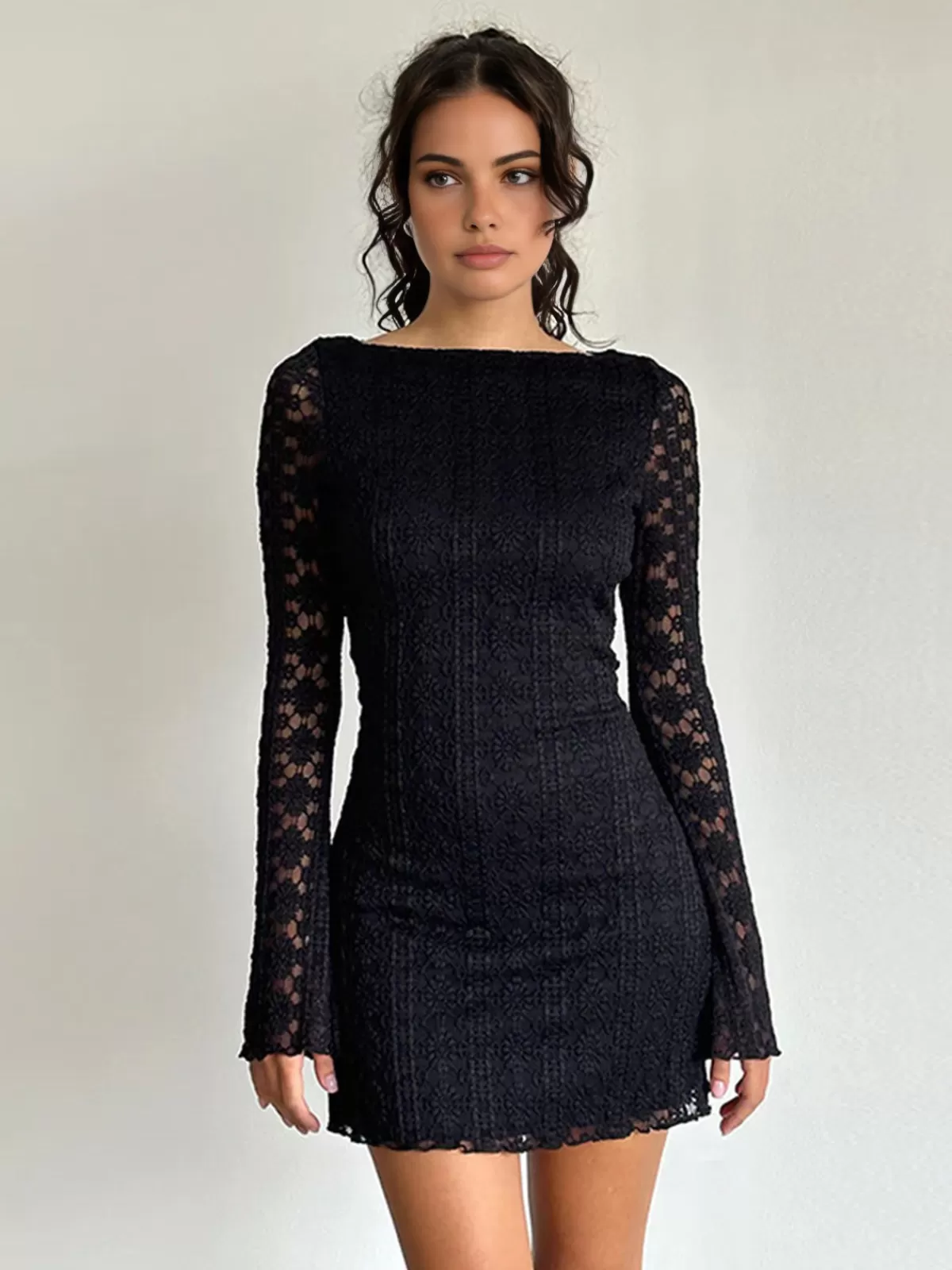 COMMENSE Textured Lace Short Dress Black Outlet