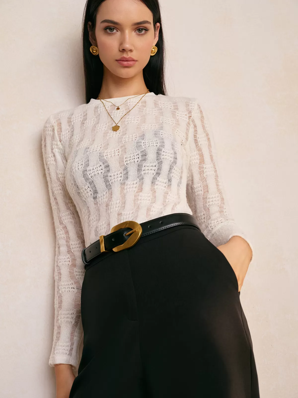 COMMENSE Textured Semi-Sheer Slim T-Shirt White Outlet