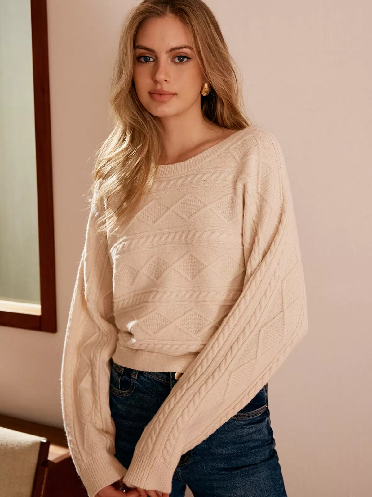 COMMENSE Tie Back Cable Knit Top Apricot Sale