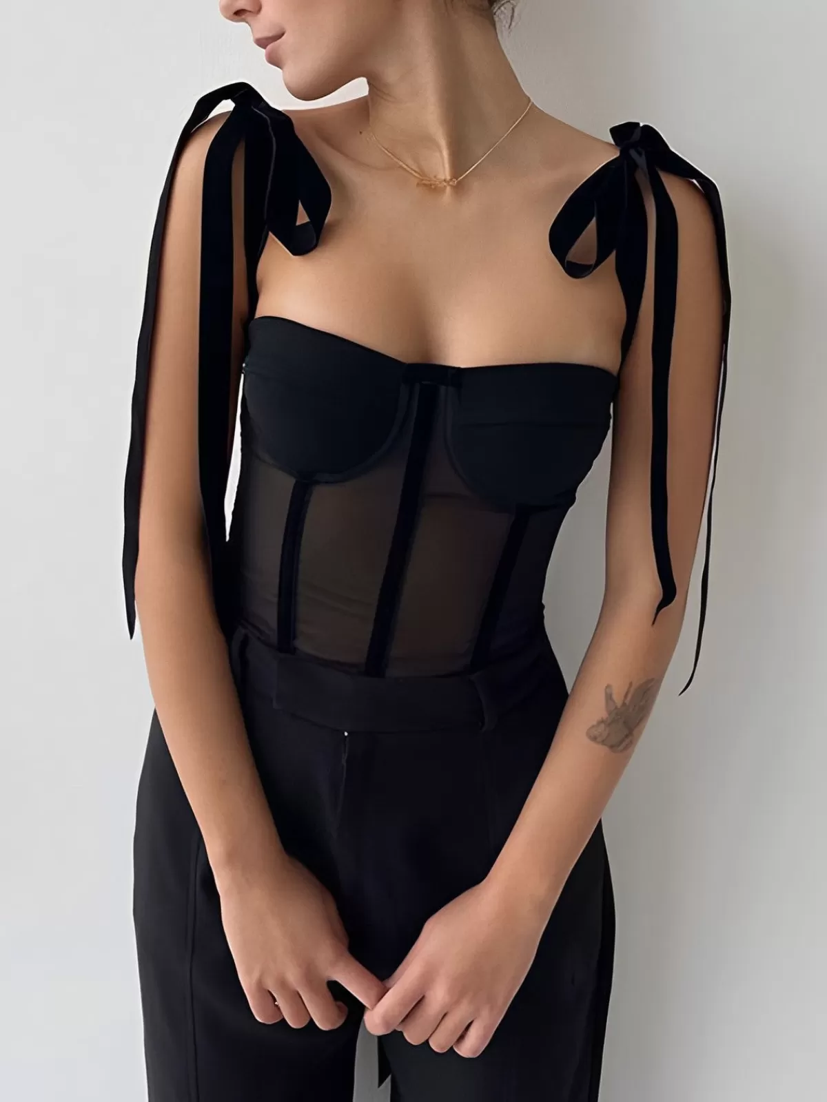 COMMENSE Tied Mesh Corset Crop Top Black Shop