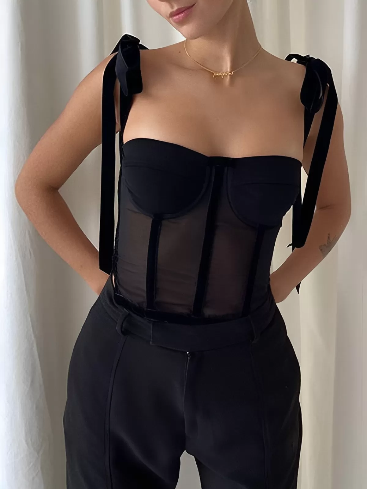 COMMENSE Tied Mesh Corset Crop Top Black Shop