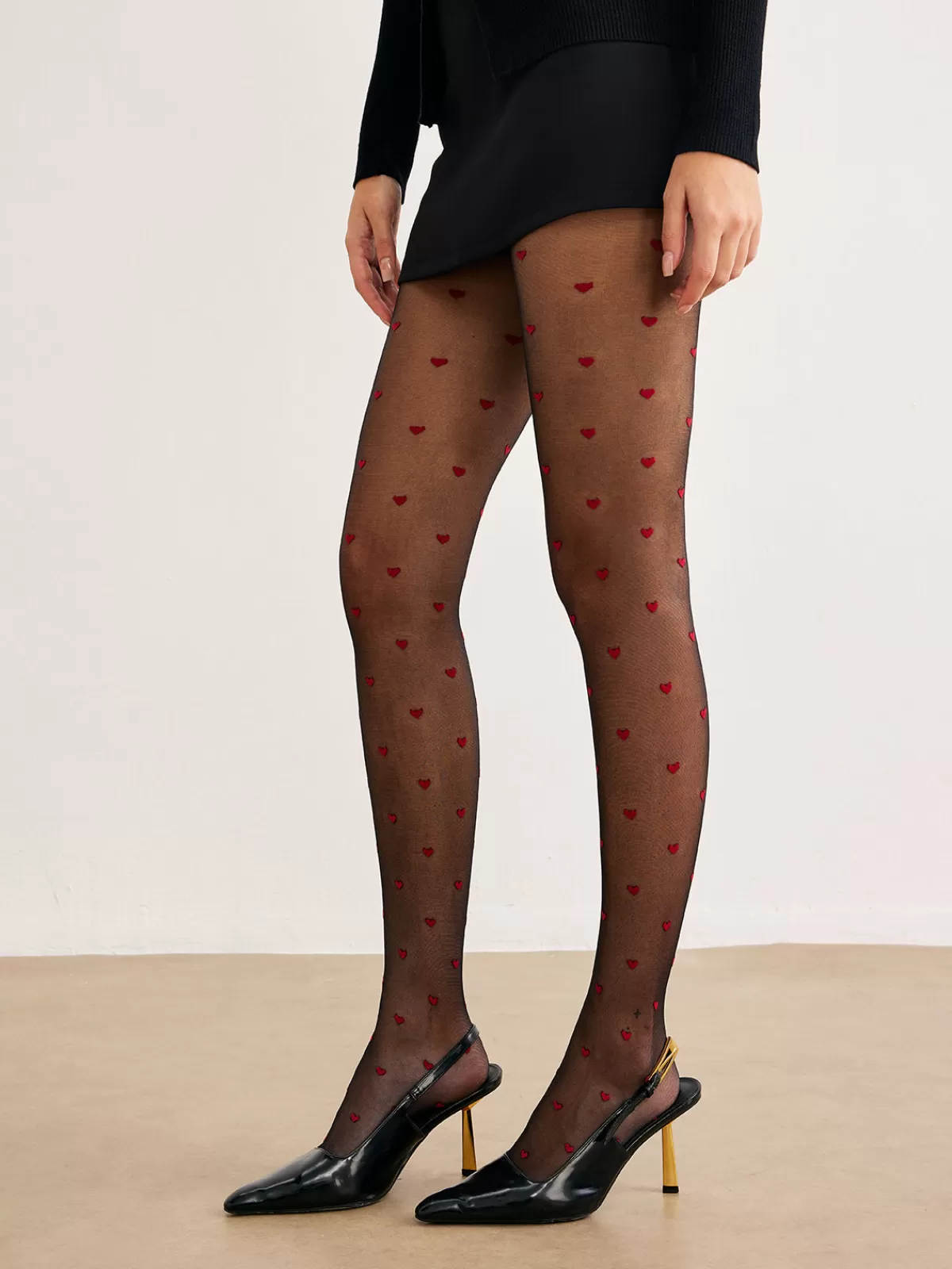 COMMENSE Tulle Tights With Heart Pattern Black Best