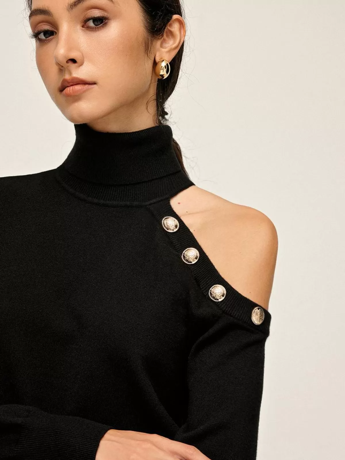 COMMENSE Turtleneck Asymmetrical One Shoulder Sweater Black Hot