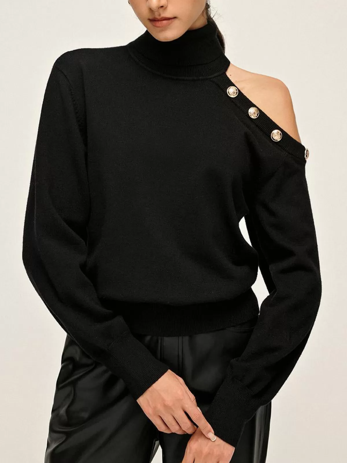 COMMENSE Turtleneck Asymmetrical One Shoulder Sweater Black Hot