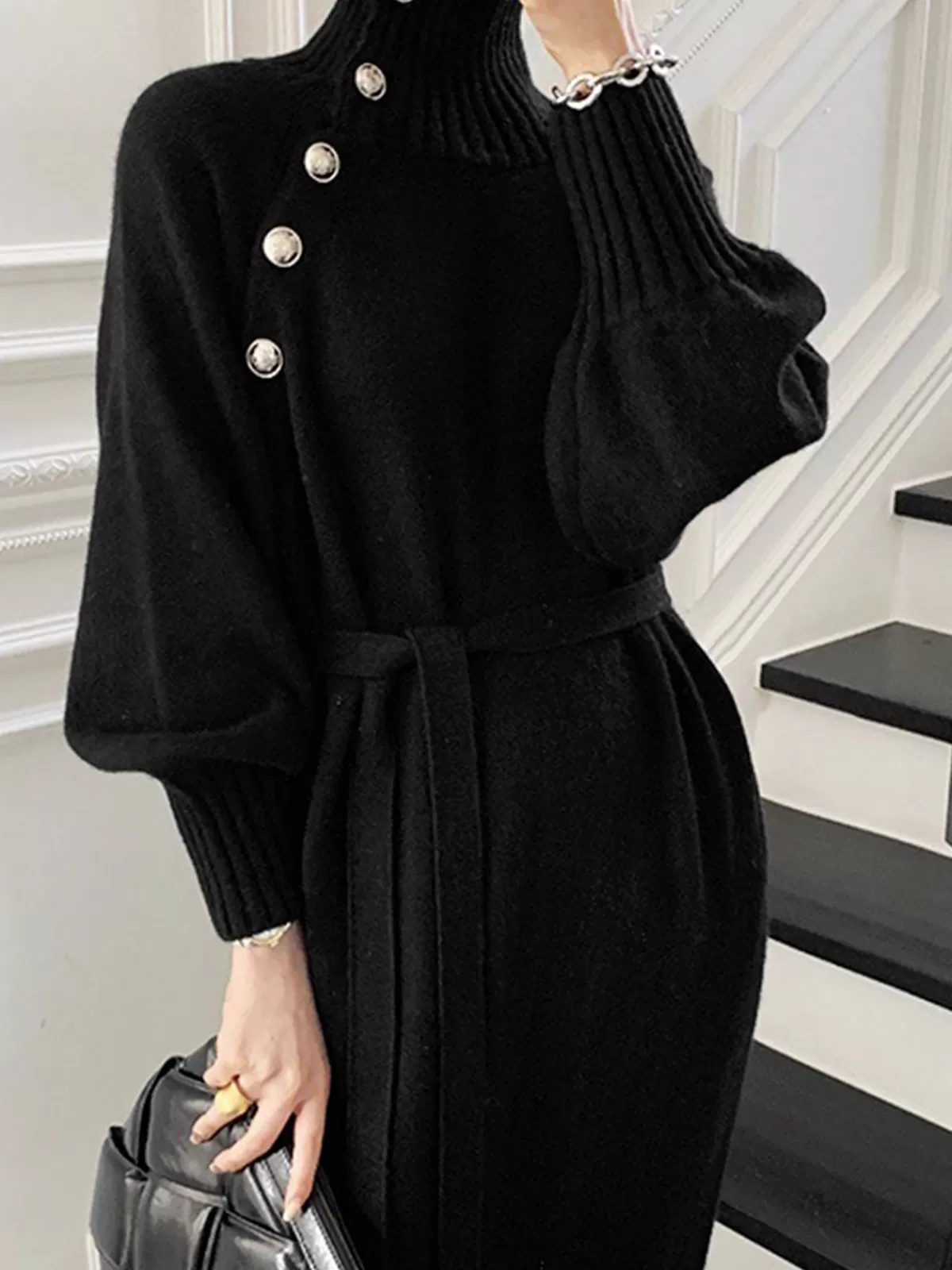 COMMENSE Turtleneck Button Belted Sweater Dress Black Discount