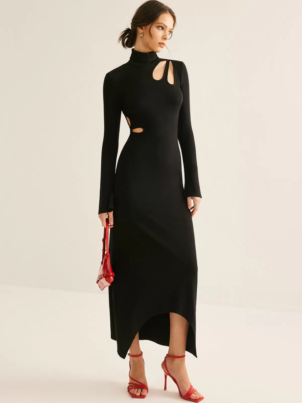 COMMENSE Turtleneck Cutout Slim Dress Black Online