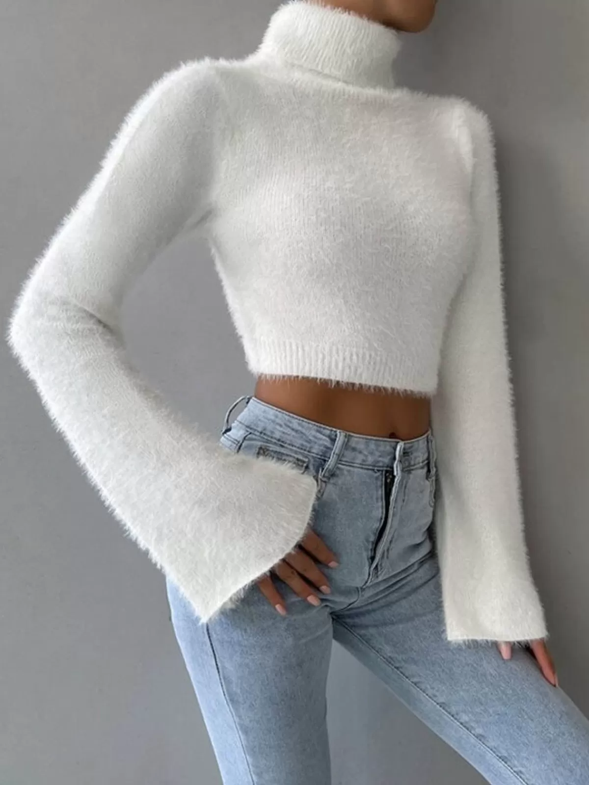 COMMENSE Turtleneck Fuzzy Crop Blouse White Store