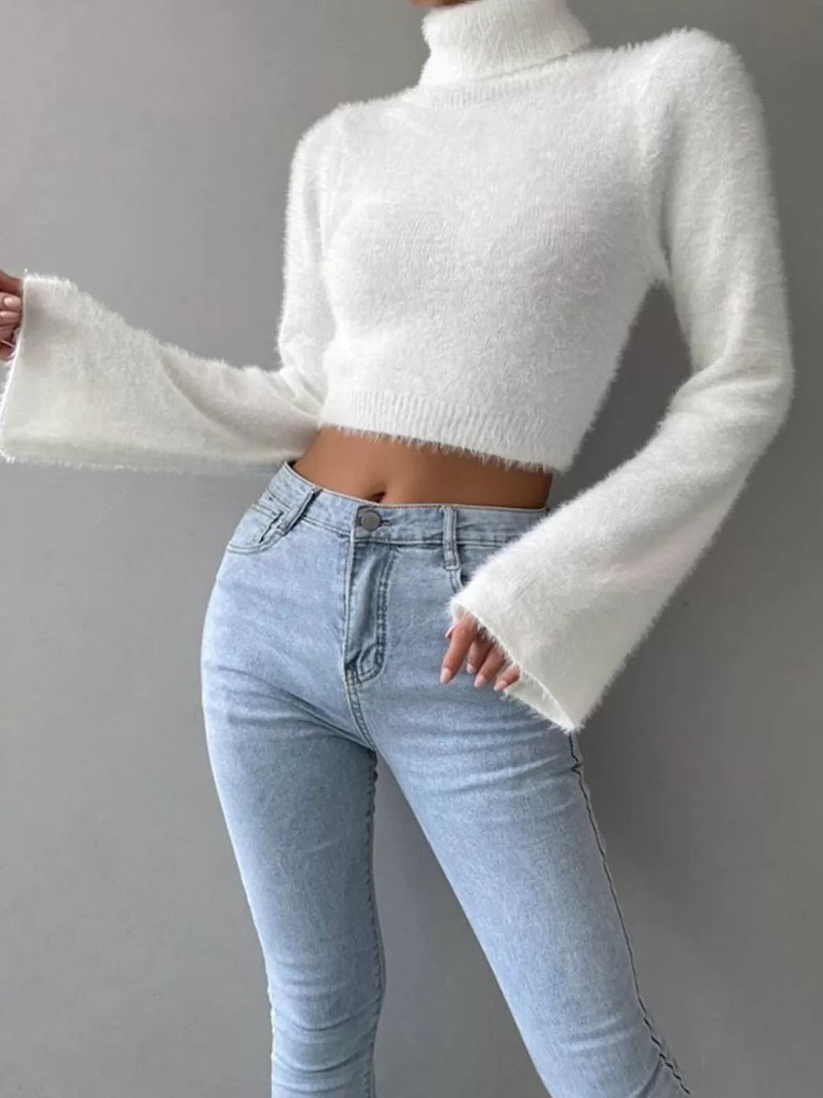 COMMENSE Turtleneck Fuzzy Crop Blouse White Store