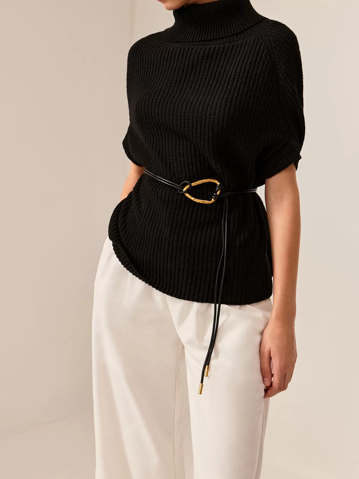 COMMENSE Turtleneck Half-Sleeve Sweater Without Belt Black Online