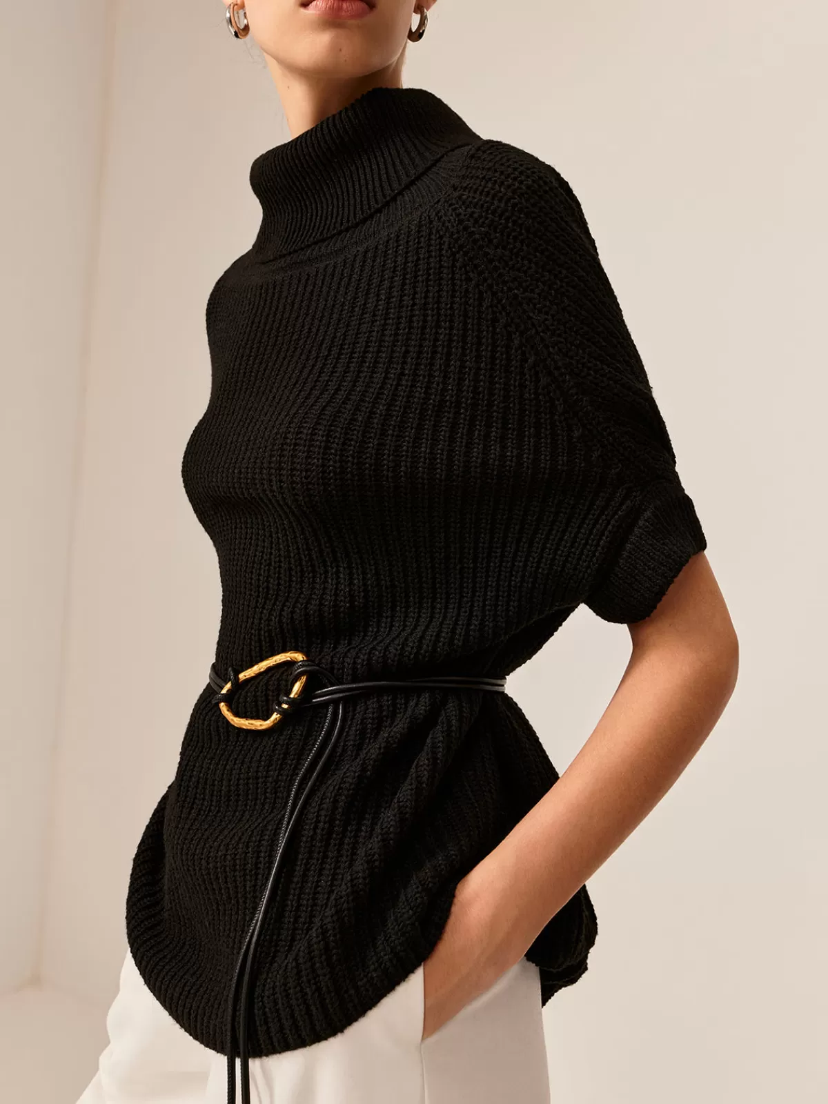 COMMENSE Turtleneck Half-Sleeve Sweater Without Belt Black Online