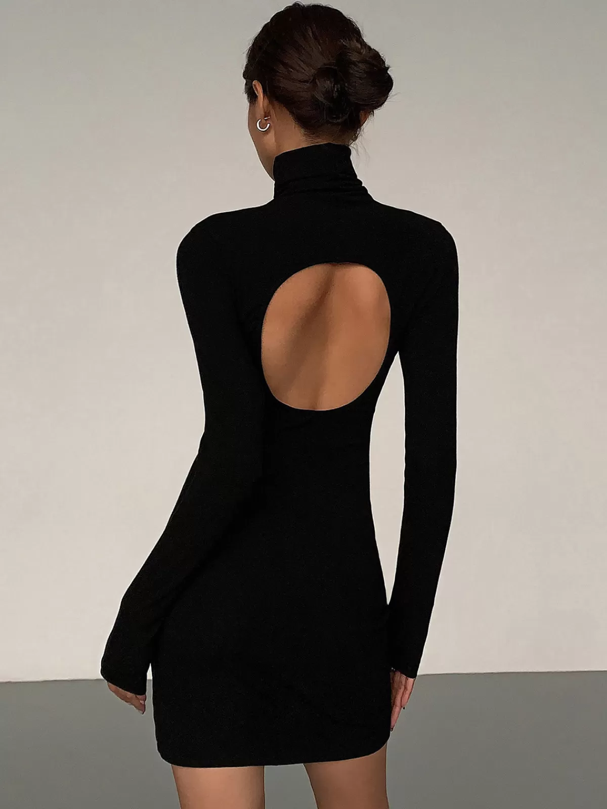 COMMENSE Turtleneck Open Back Long Sleeve Short Dress Black Best Sale