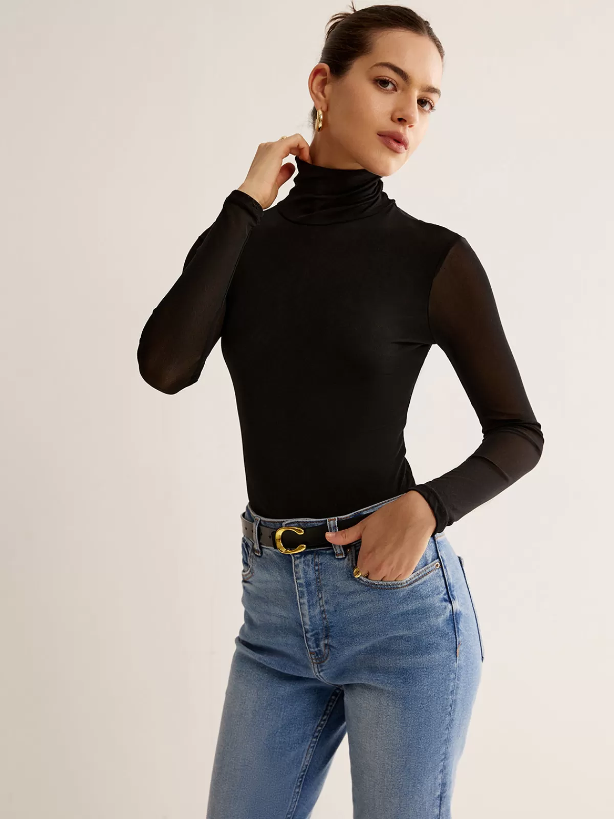 COMMENSE Turtleneck Sheer Sleeve Jersey Top Black Hot