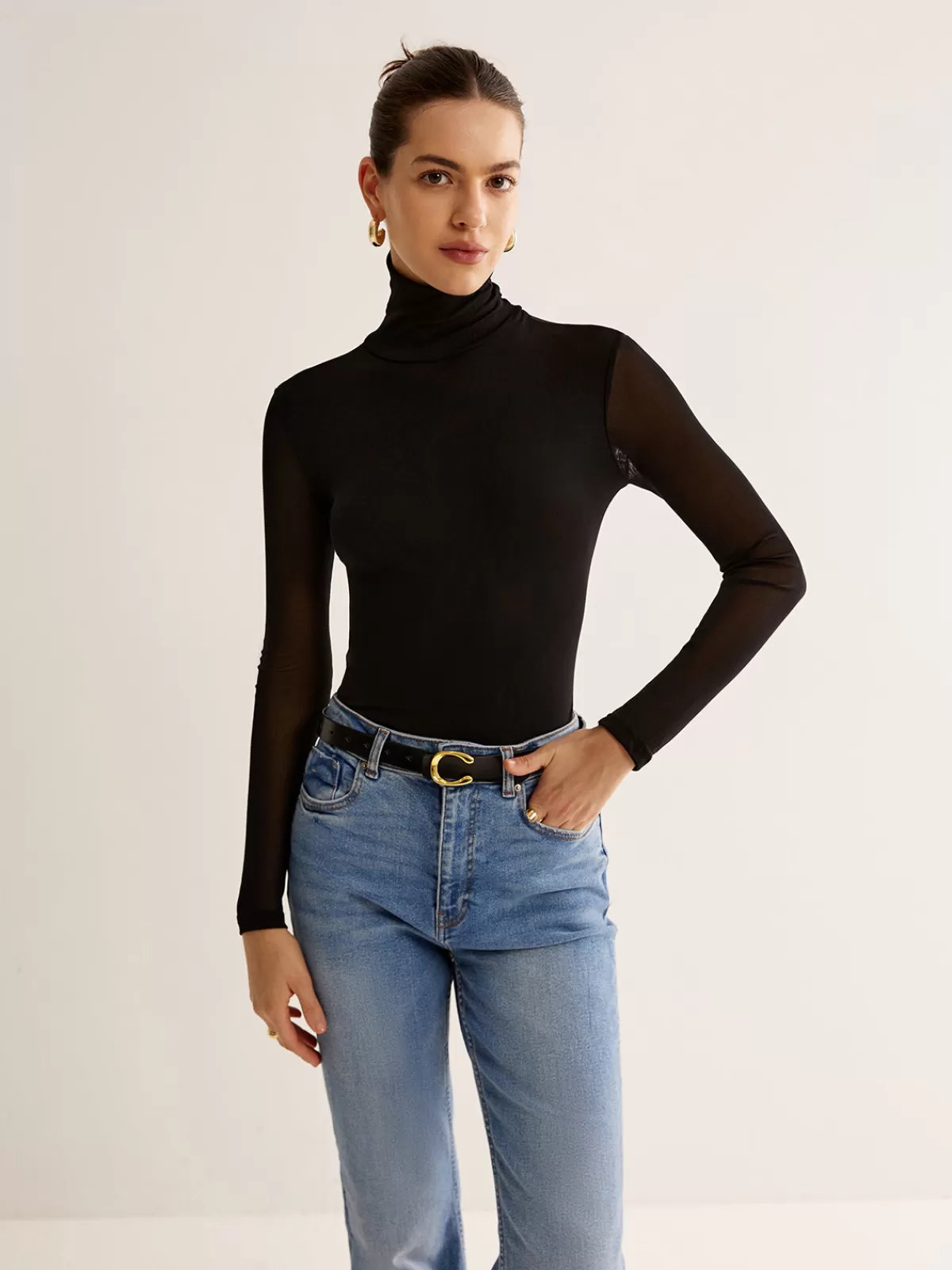 COMMENSE Turtleneck Sheer Sleeve Jersey Top Black Hot