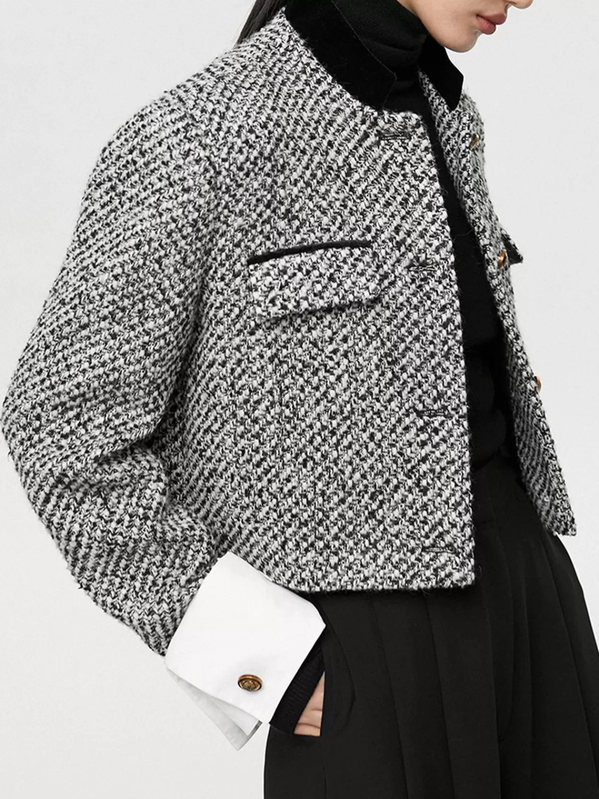 COMMENSE Tweed Boucle Crop Blazer Black Sale