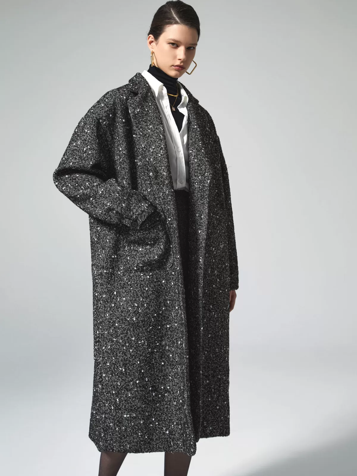 COMMENSE Tweed Boucle Wool Coat Black Best Sale