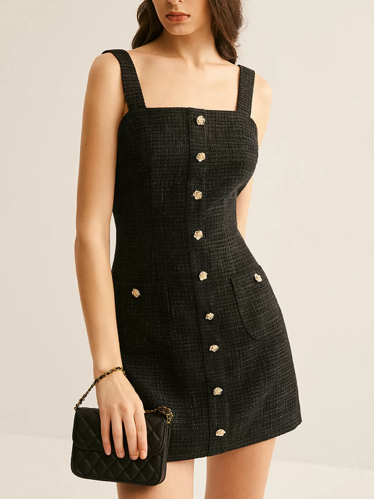 COMMENSE Tweed Breasted Tank Short Dress Black Sale