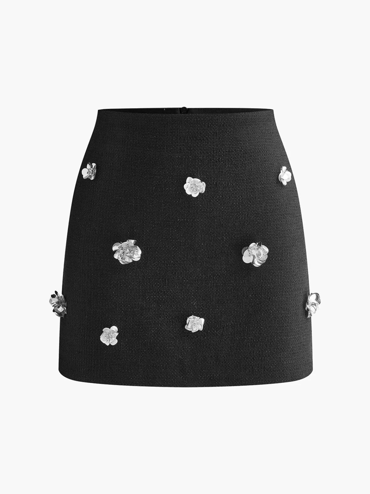 COMMENSE Tweed Floral-Beaded Zipper Skirt Black Fashion