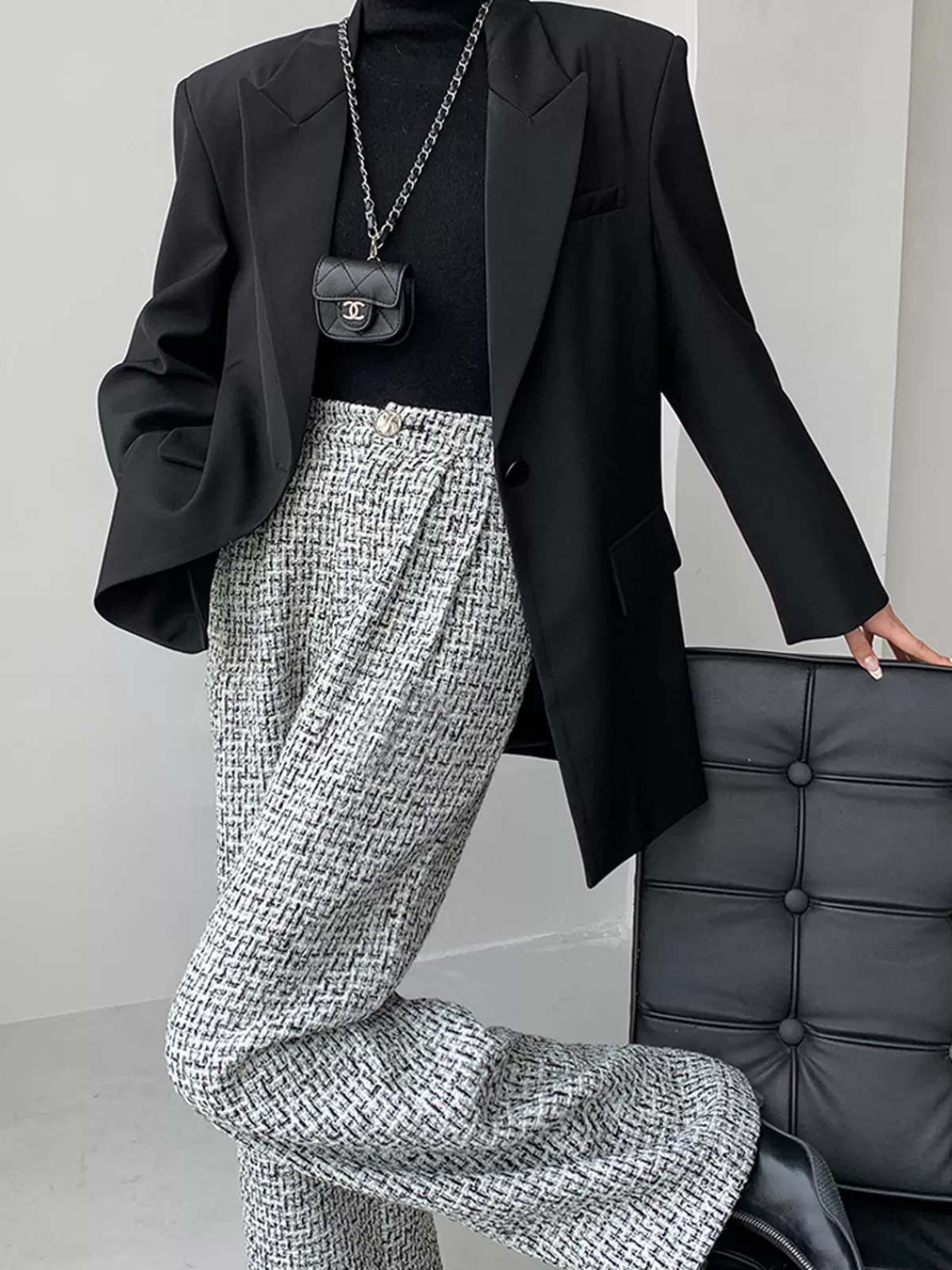 COMMENSE Tweed Wide Leg Dress Pants Black Hot