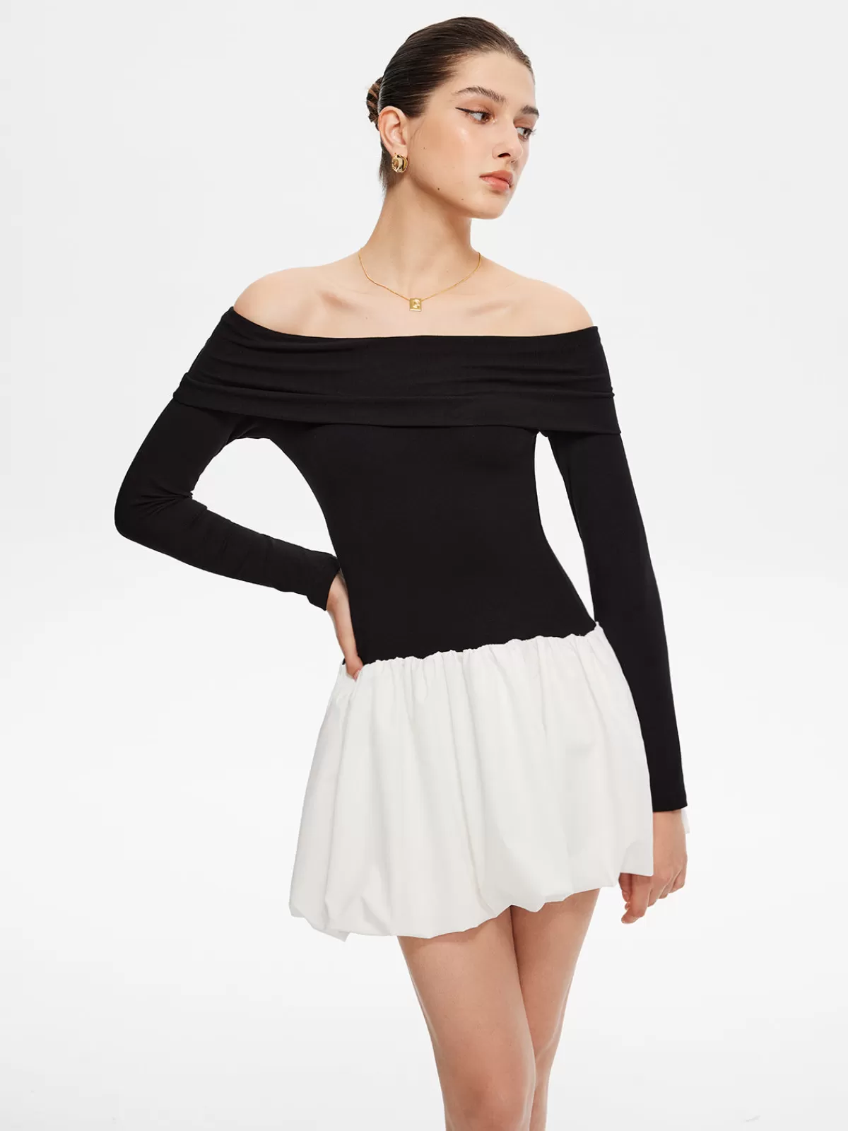 COMMENSE Two Tone Off Shoulder Bubble Short Dress BlackandWhite Cheap