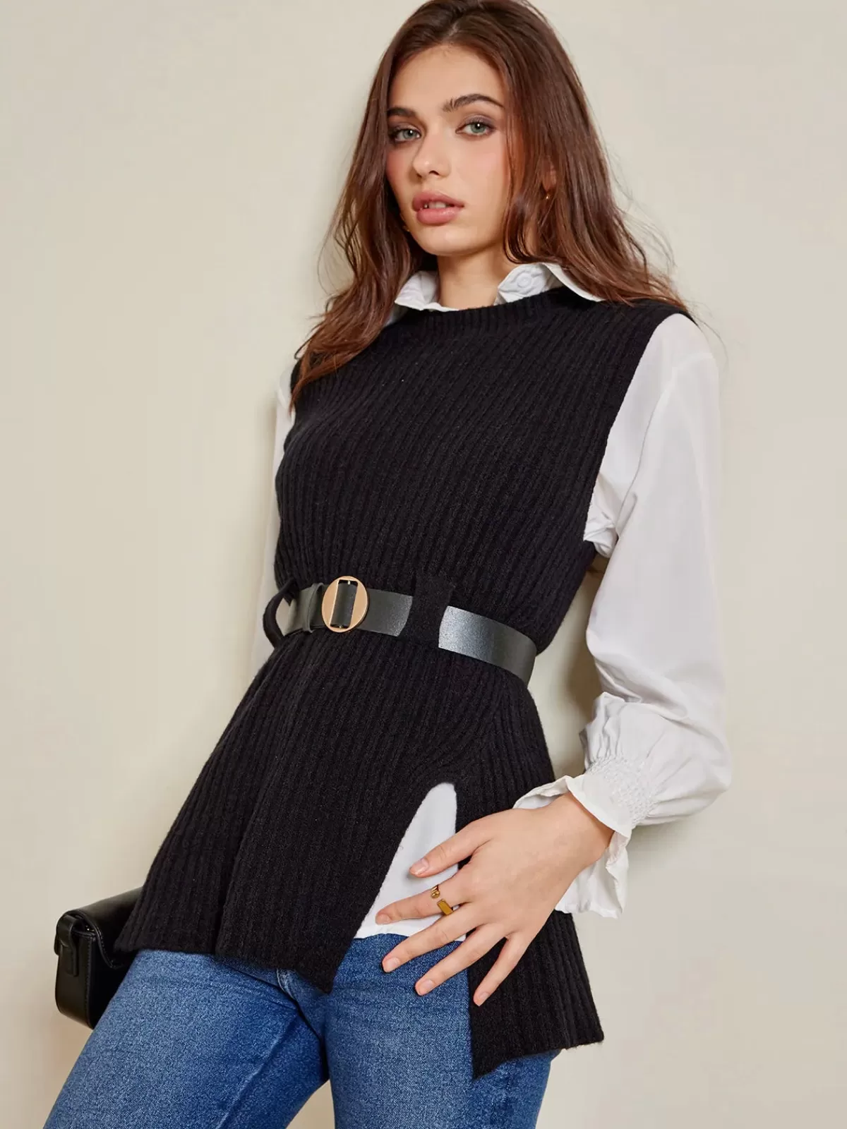 COMMENSE Two-Piece Belted Sweater With Polo Shirt Black Shop