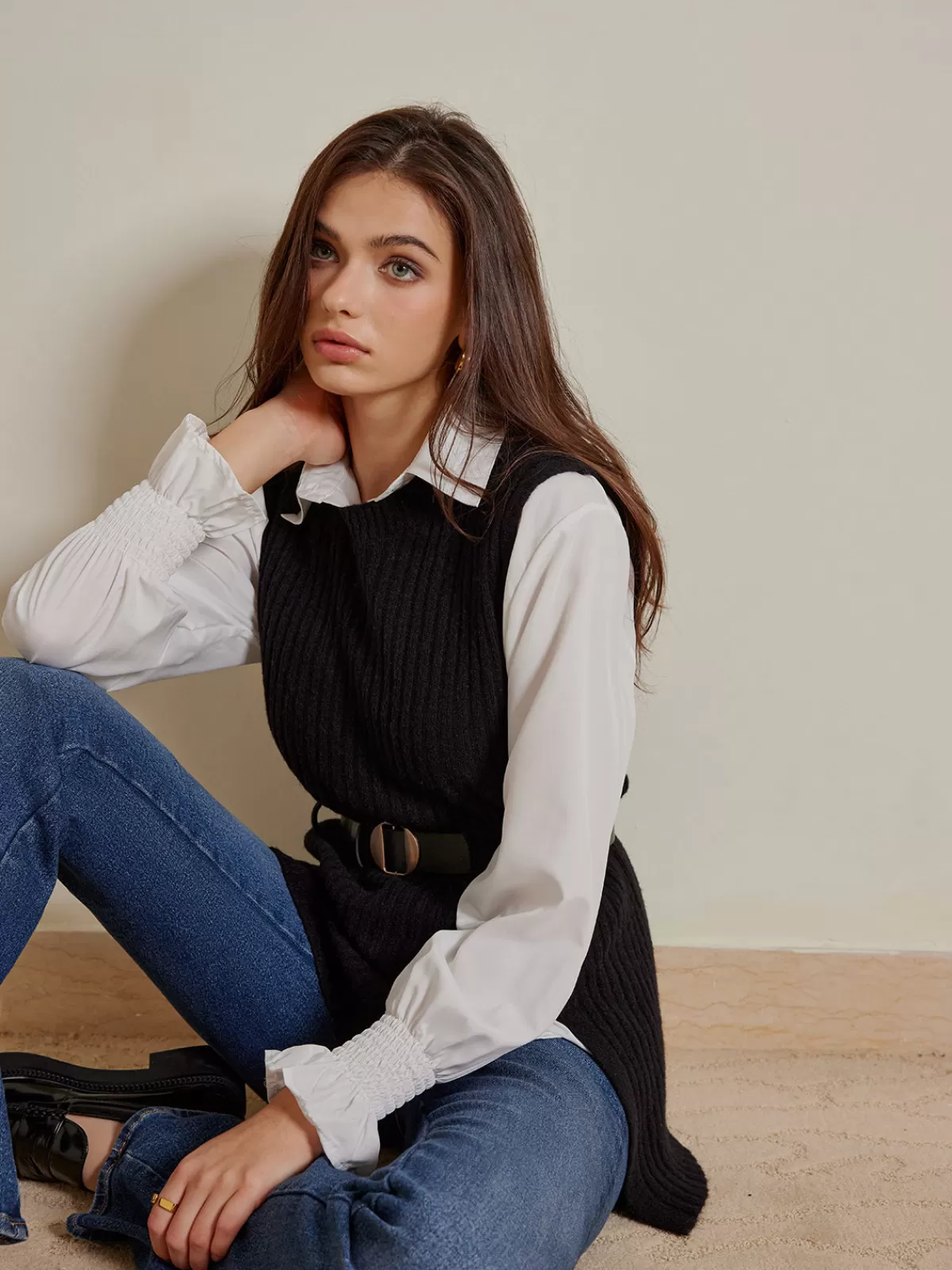 COMMENSE Two-Piece Belted Sweater With Polo Shirt Black Shop