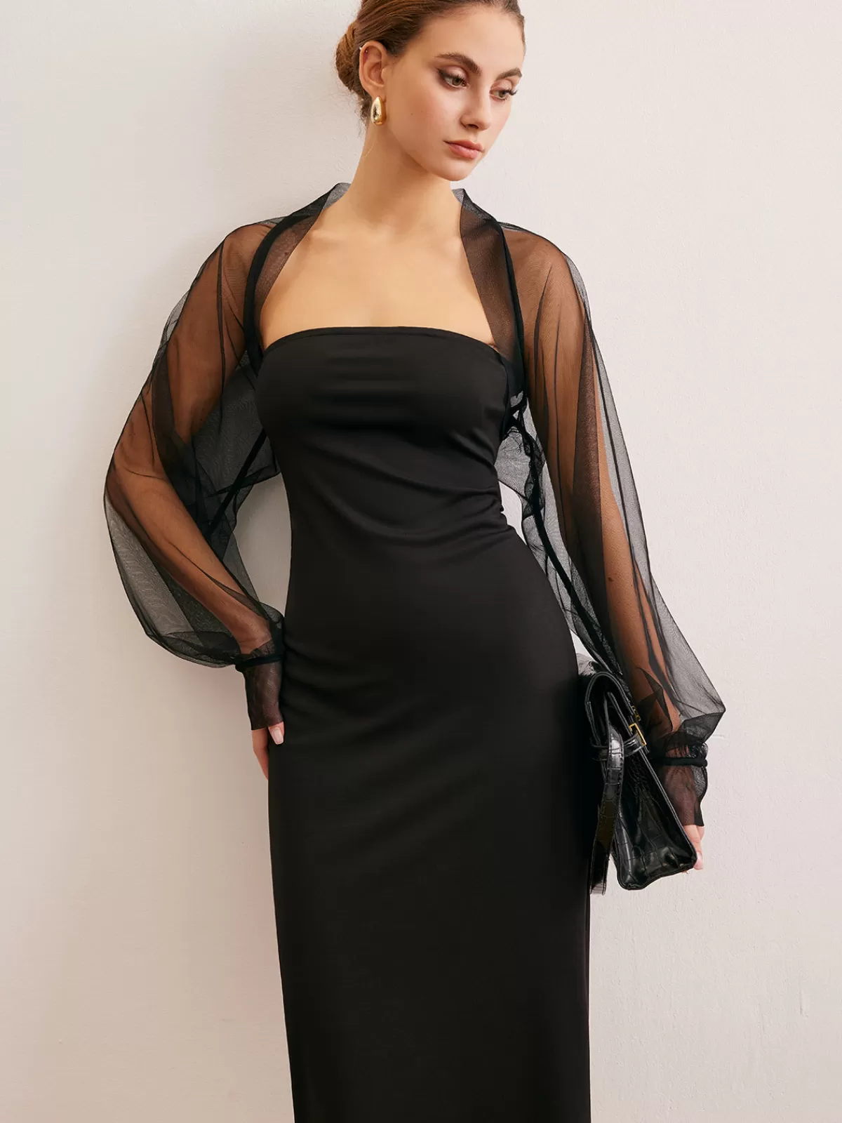 COMMENSE Two-Piece Sheer Shrug Jersey Tube Dress Black Outlet