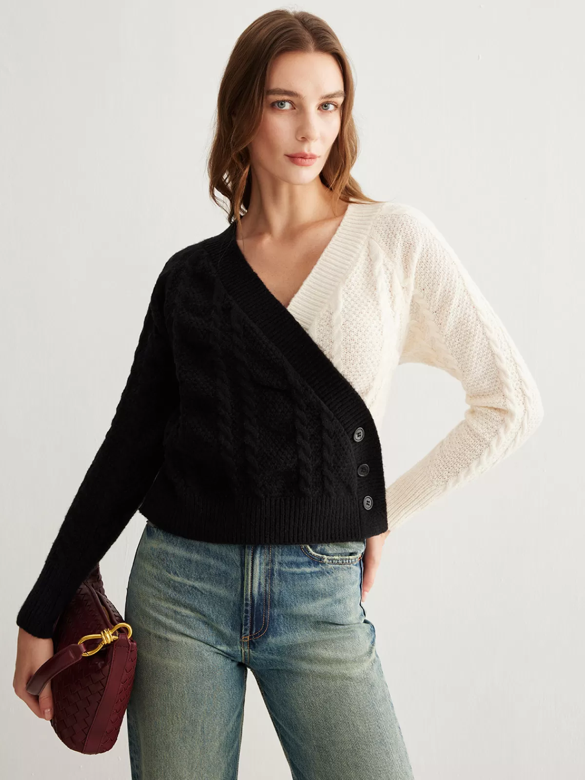 COMMENSE Two-Tone Criss Cross Button Knit Top BlackandWhite Hot