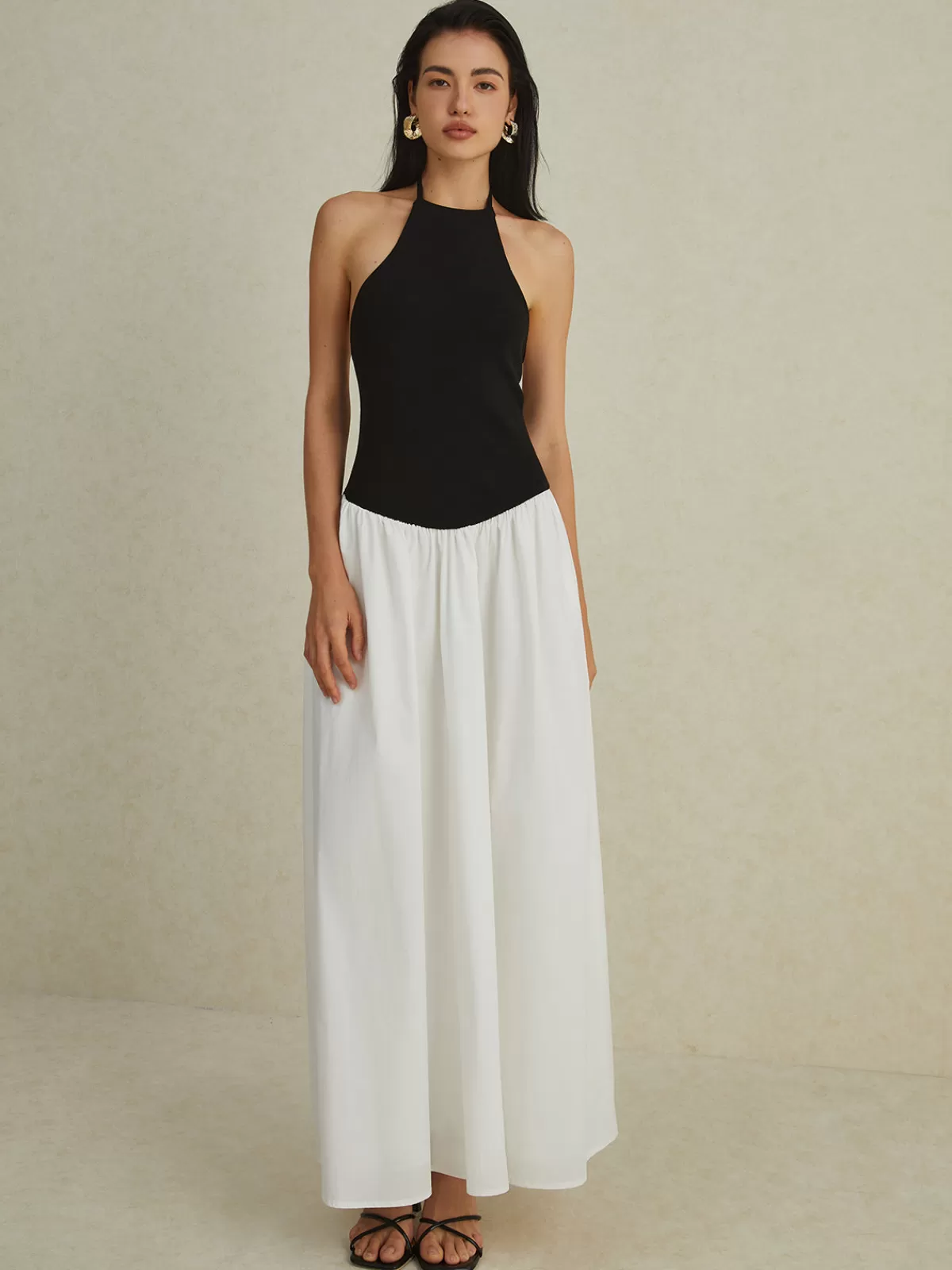 COMMENSE Two-Tone Halter Long Dress BlackandWhite Store