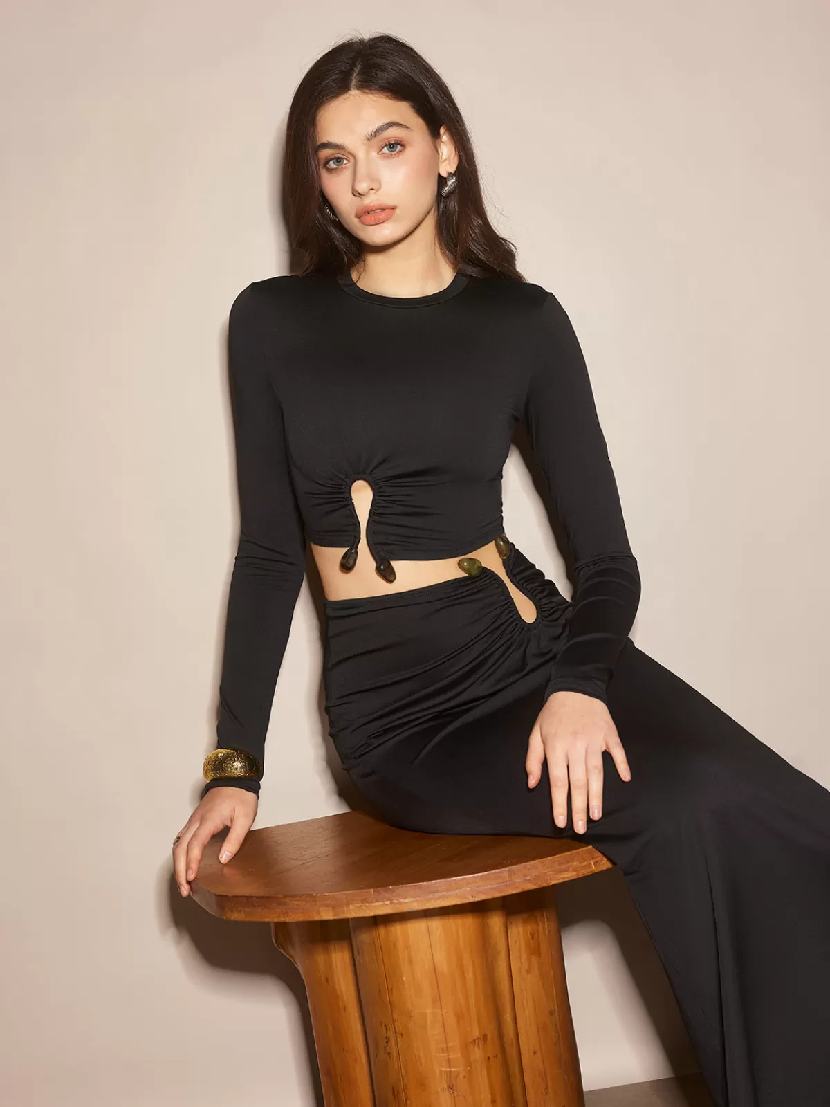 COMMENSE U-Ring Cutout Crop Skirt Set Black Best Sale