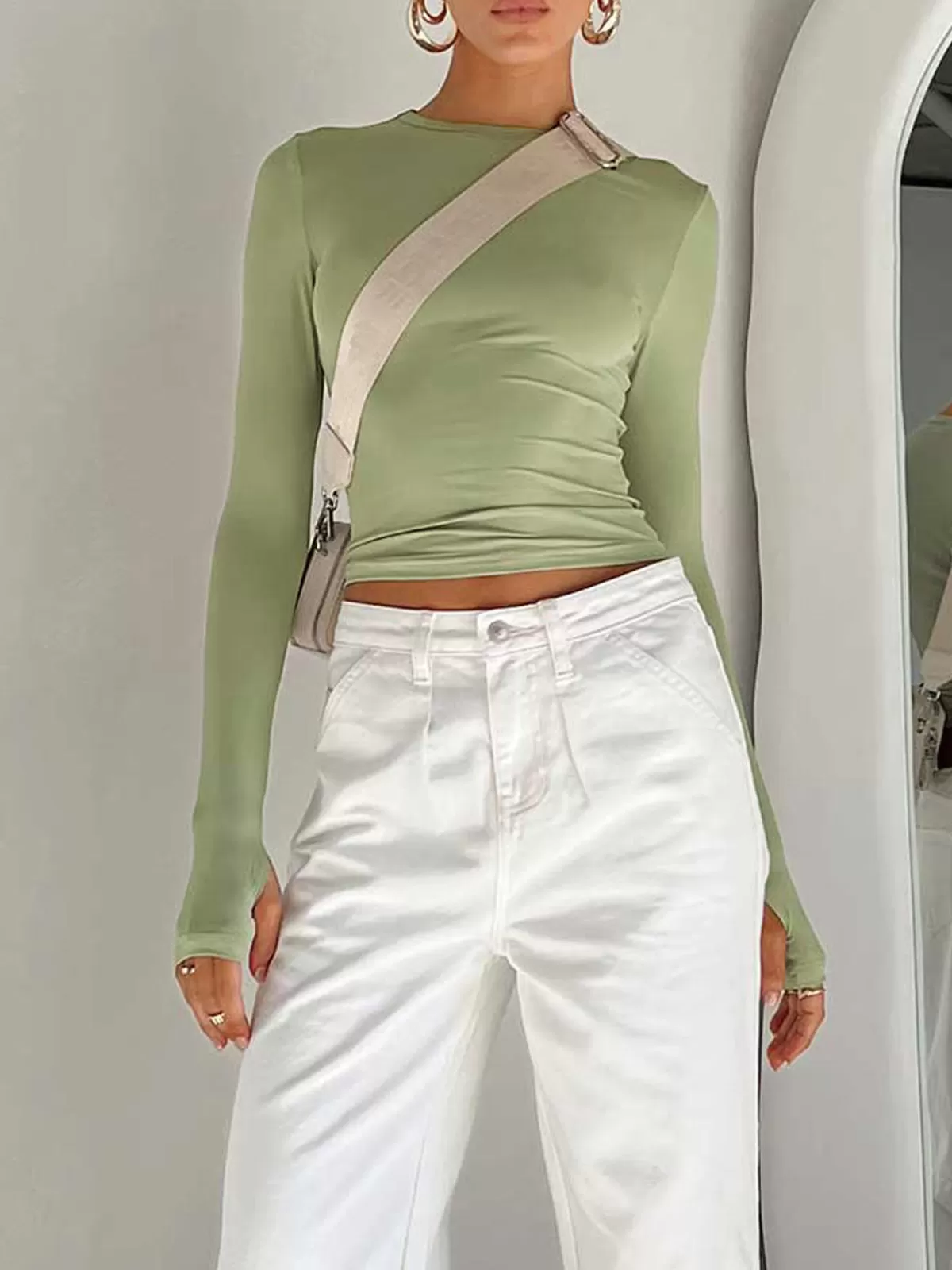 COMMENSE Utility Long Sleeve Crop Top Green New